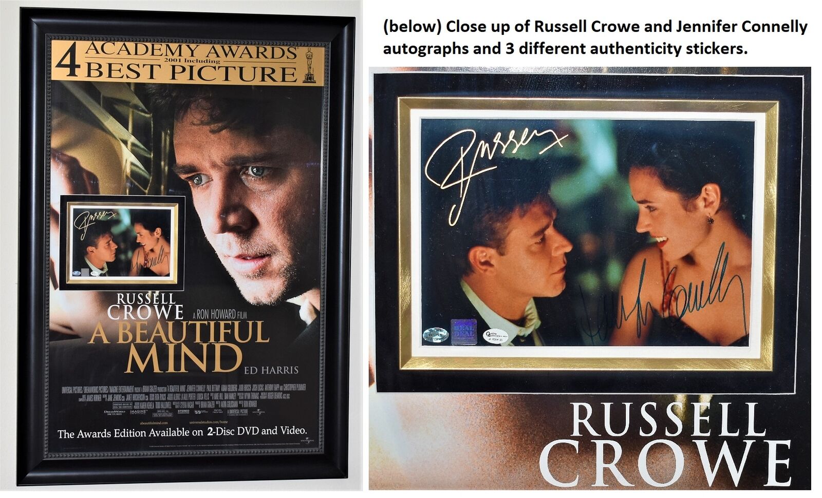 A Beautiful Mind Russell Crowe + Jennifer Connelly Signed Photo Poster painting FRAMED in Poster