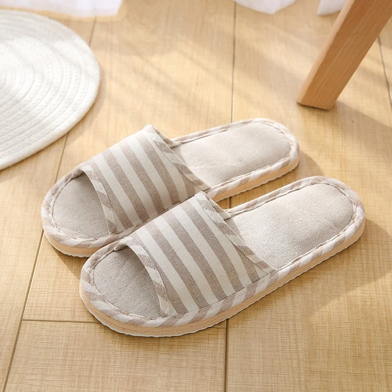 Linen Indoor Slippers Four Seasons Striped Cotton Slippers Couples Absorbing Sweat Soft Bottom Home Wood Floor Sandals