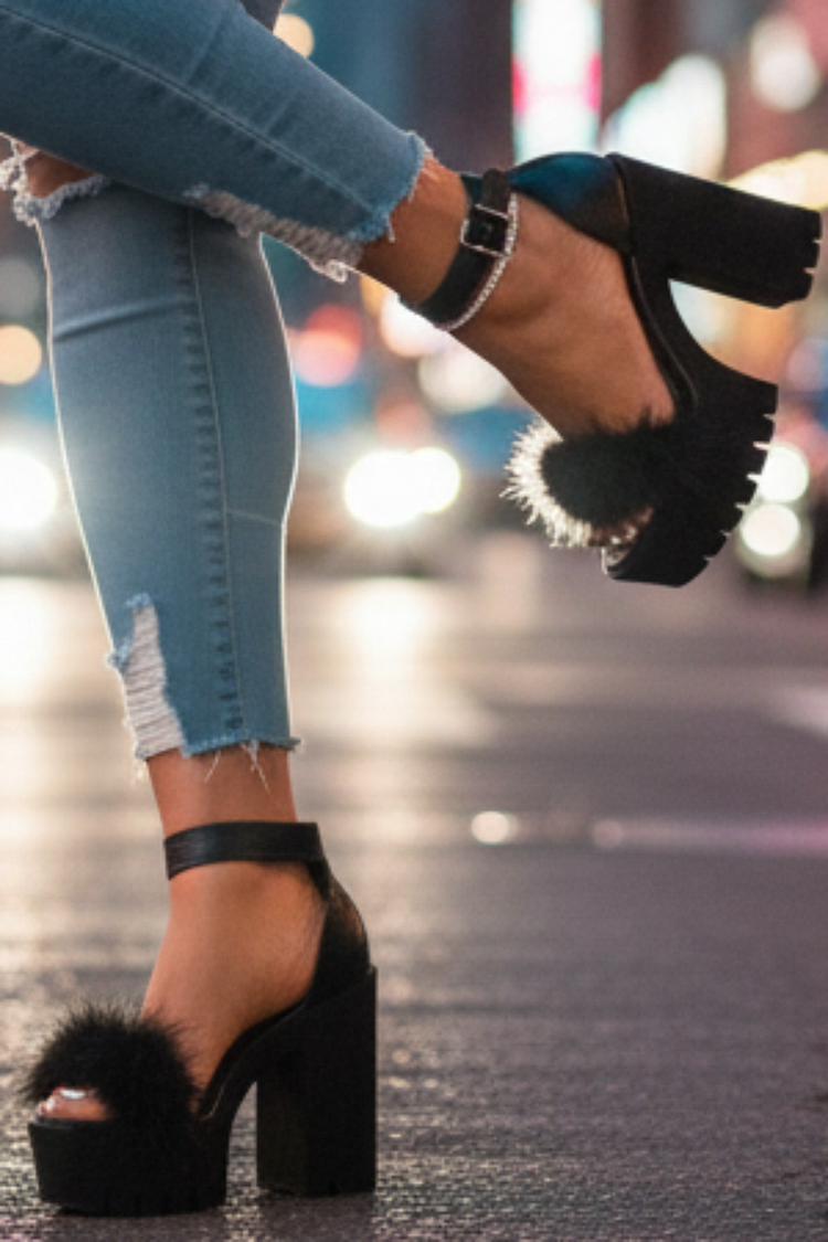 Party Feather Platform High Chunky Heel Ankle Strap Open Toe Sandal