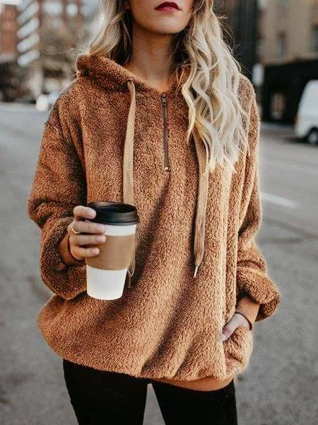 Oversized Women's Long Sleeve Teddy Fleece Hoodie Drawstring Pullover Hooded Sweatshirt