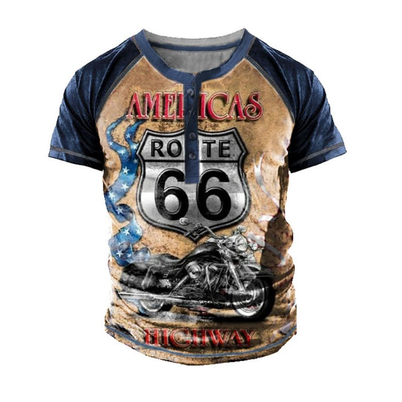 Men's Retro Motorcycle Route 66 Short Sleeve Henley T-Shirt