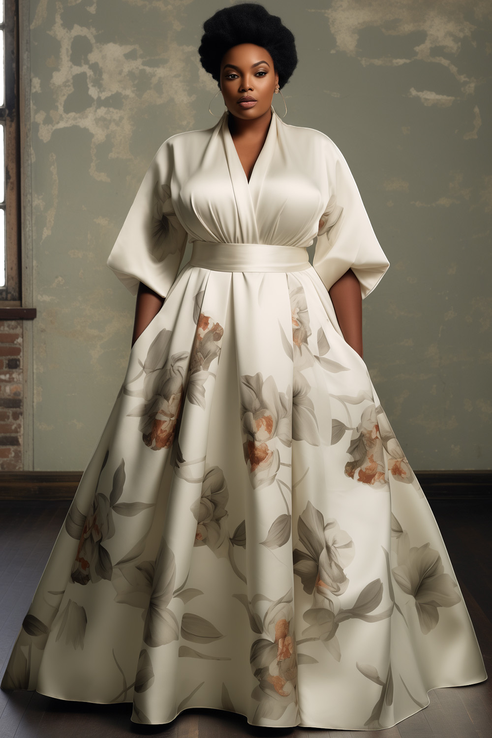 Xpluswear Design Plus Size Mother Of The Bride White Floral V Neck 3/4 Sleeve Pocket Satin Maxi Dresses