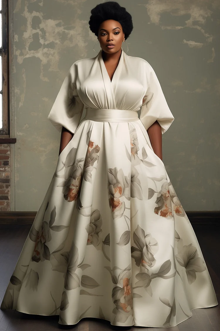Xpluswear Design Plus Size Mother Of The Bride White Floral V Neck 3/4 Sleeve Pocket Satin Maxi Dresses [Pre-Order] 2024 - Xpluswear