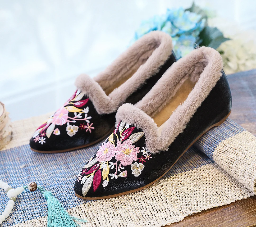 Zingj Zingj Wool Edge Pointed Shoes Embroidered Cloth Shoes Fashion Warm Home Shoes National Wind Women's Shoes Cotton Drag Women's Cotton Shoes