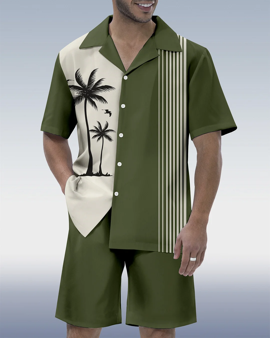 Men's Hawaiian Tiki Party Print Cuban Collar Short Sleeve Shirt Set 03