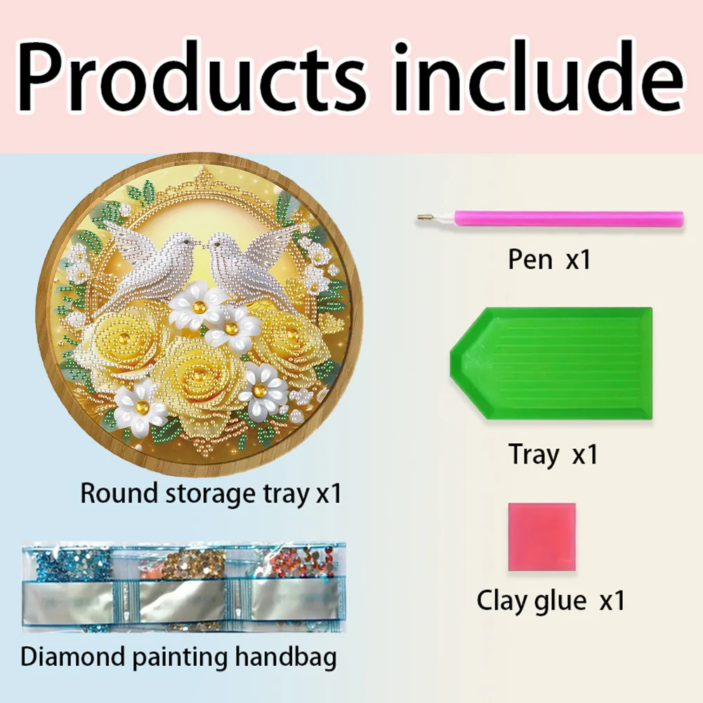 DIY Diamond Painting Kit Round Wooden Tray Diamond Painting Tray (Flower Bird A)