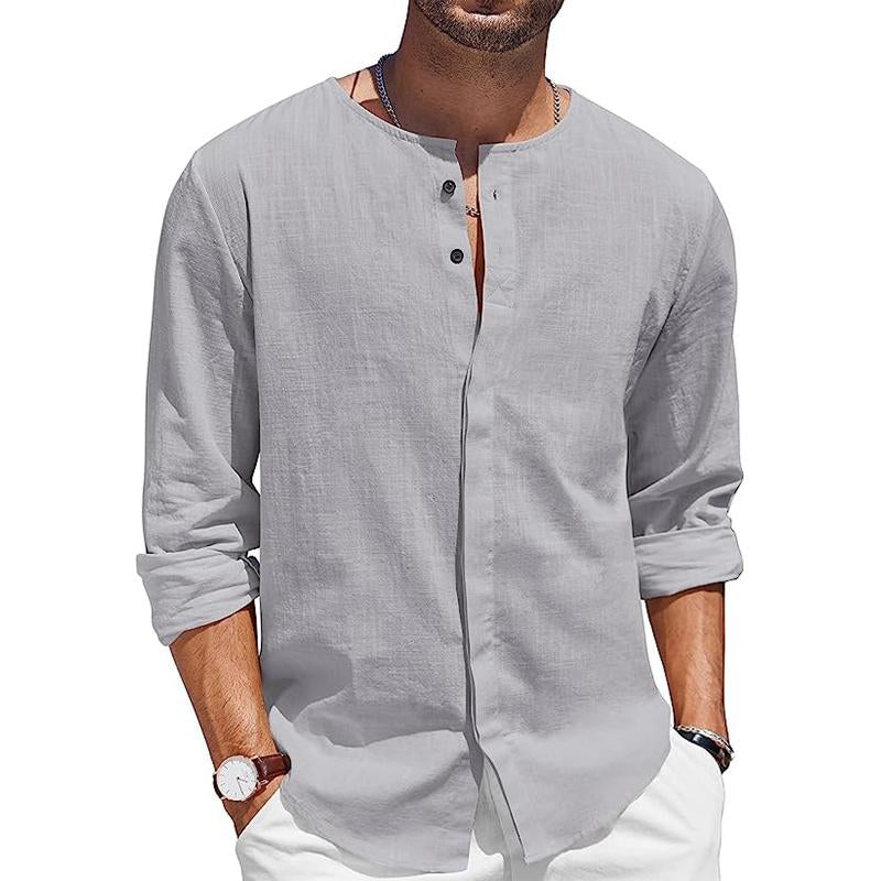 Men's Casual Round Neck Cotton Linen Long Sleeve Shirt 07577919M