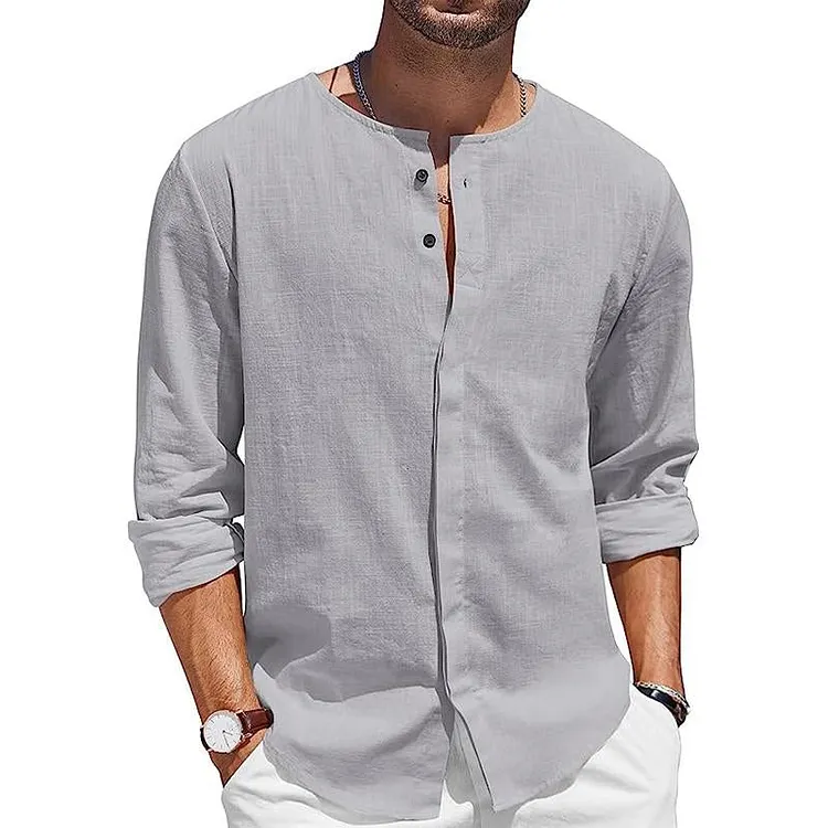Men's Casual Round Neck Cotton Linen Long Sleeve Shirt 07577919M