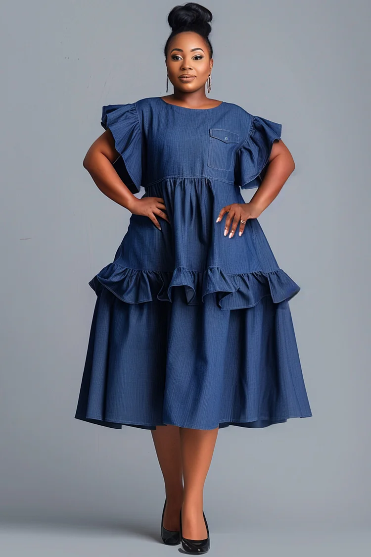 Xpluswear Design Plus Size Business Casual Blue Round Neck Flutter Sleeve Short Sleeve Pocket Casual Ruffle Midi Dresses [Pre-Order] 2024 - Xpluswear