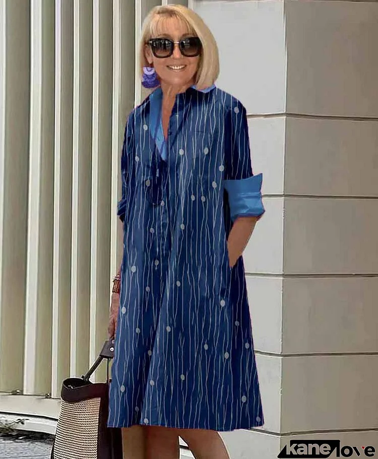 Striped Polka Dot Collar Long Sleeve Pocket Mid-Length Tunic Dress