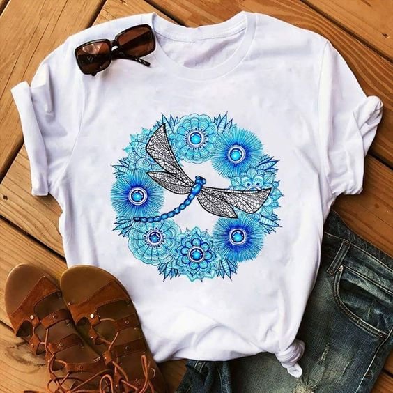 Dragonfly Floral Print Cotton Blend T-Shirt
