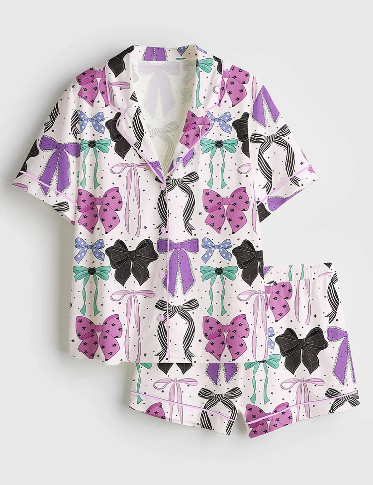 Women&rsquo;s Halloween Purple Bows Black Cat Coquette Girly Purple And Teal Print Short Sleeve Satin Pajama Set