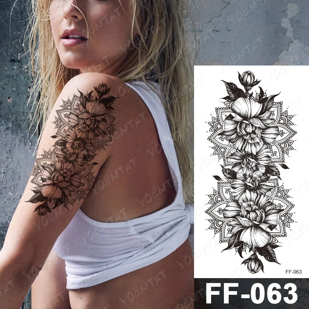 Waterproof Temporary Tattoo Stickers Peony Rose Flower Gun Flash Tattoos Female Black Sketch Body Art Arm Sexy Fake Tatto Male
