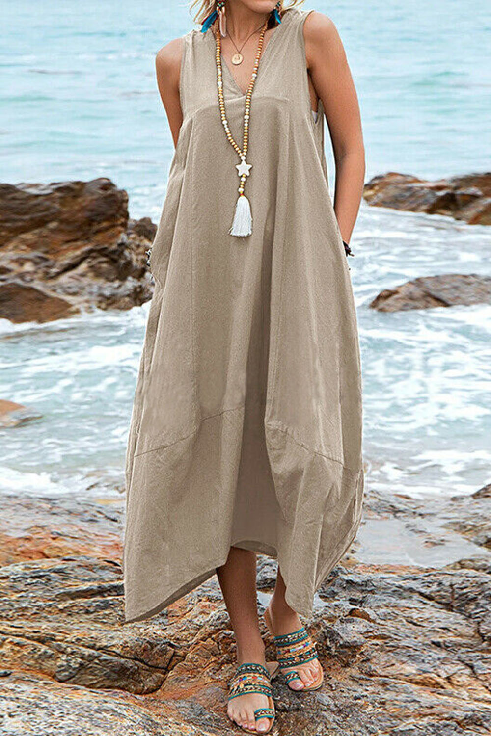 Plus Size Casual Khaki Cotton And Linen Sleeveless Pocket Midi Dress 2024 - Flycurvy 
