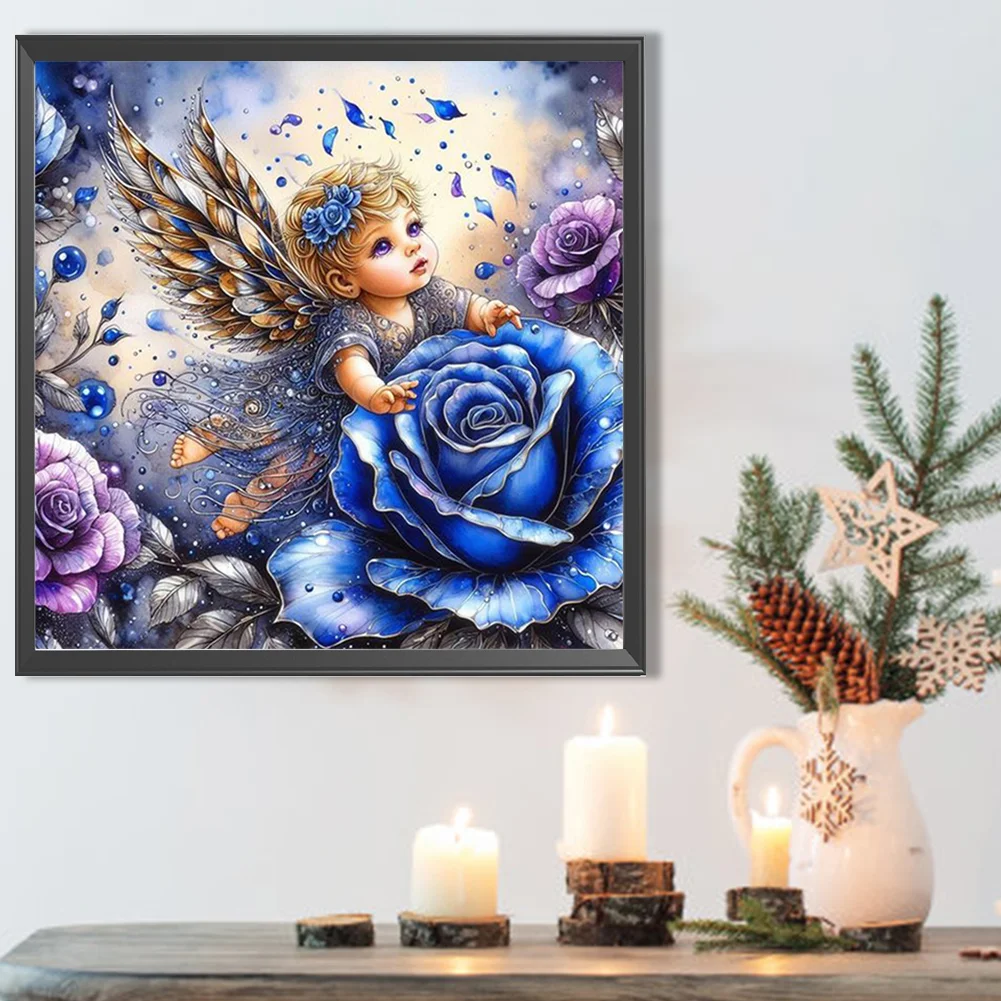 5D DIY Full Round Drill Partial AB Diamond Painting Angel Blue Rose Kit 45x45cm
