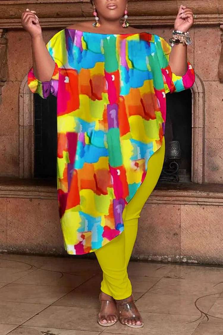 Plus Size Yellow Casual All Over Print Off The Shoulder Two Pieces Pants Set 