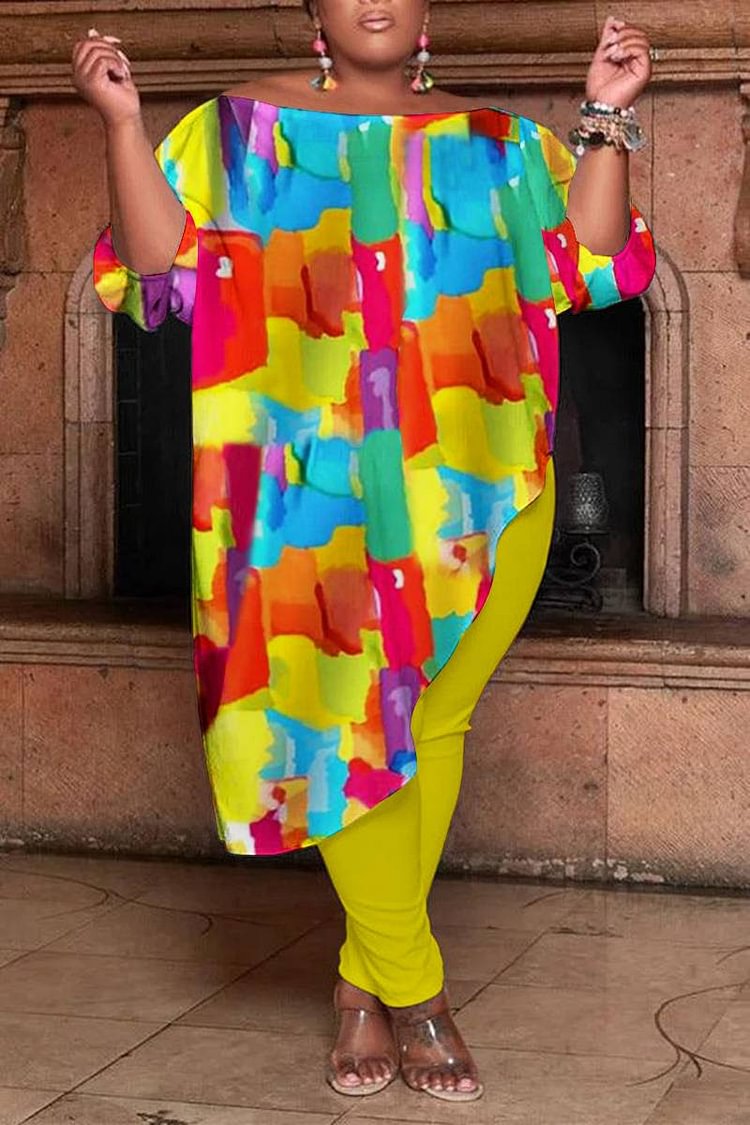 Plus Size Yellow Casual All Over Print Off The Shoulder Two Pieces Pants Set [Pre-Order]