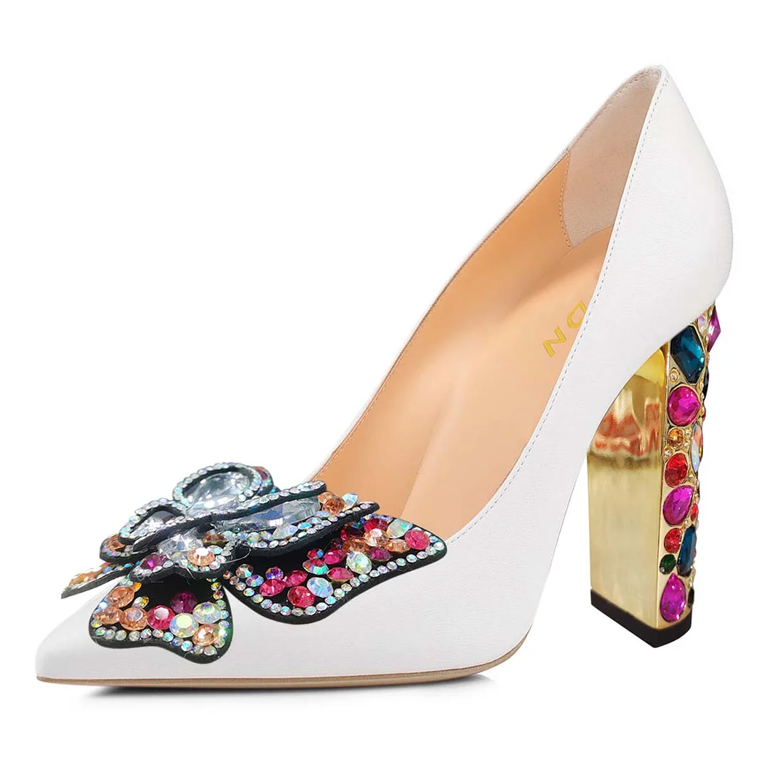 Vegan Leather Butterfly Pointed Toe Rhinestone White Pumps
