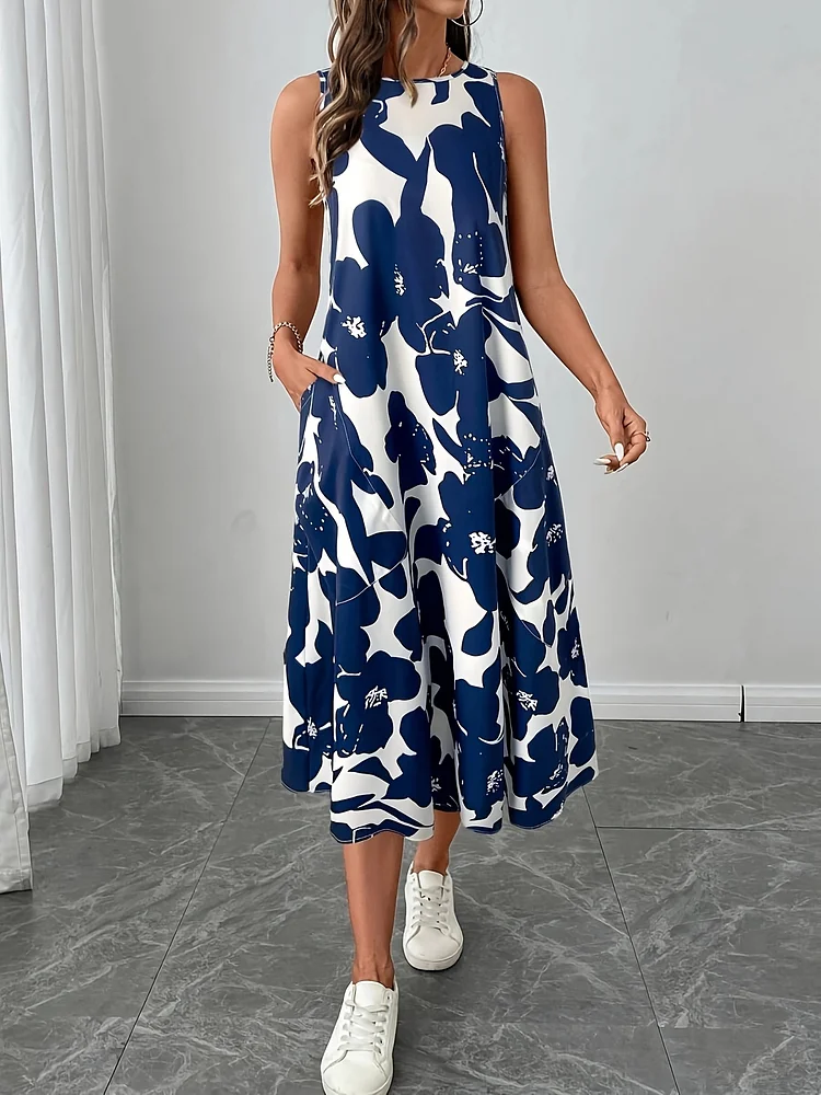 Women's Elegant Floral Print Sleeveless A-Line Dress With Pockets - Loose Fit Long Maxi Dress For Spring Summer Fall, Casual Vacation & Beach Outfit