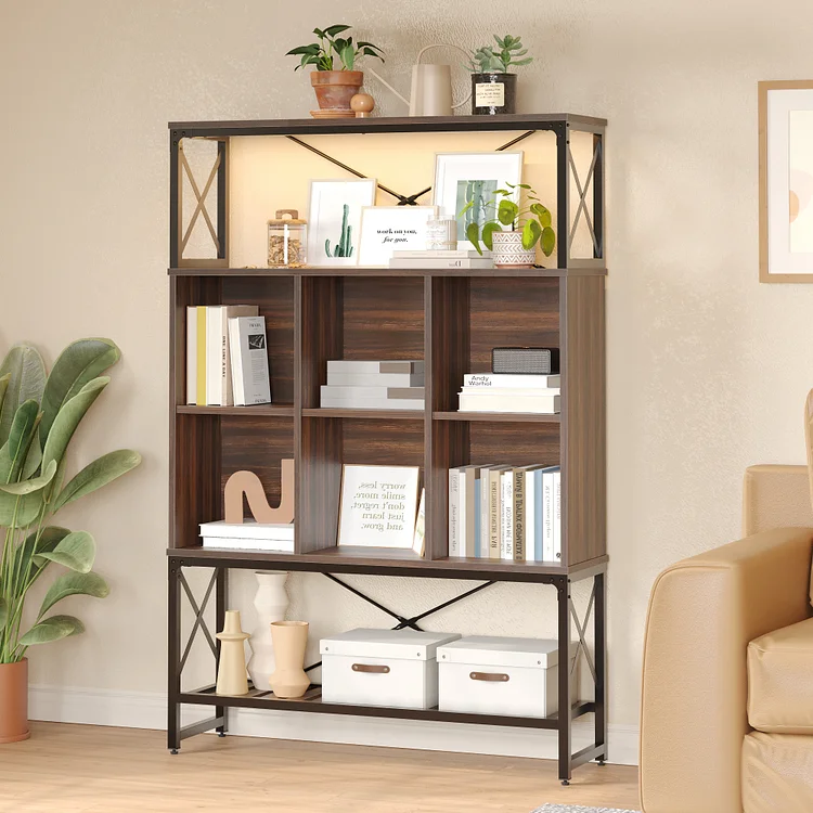 Bestier 63.8" H Bookcase with Adjustable Shelves, Industrial 5 Tier Bookshelves with LED Lights for Living Room, Walnut