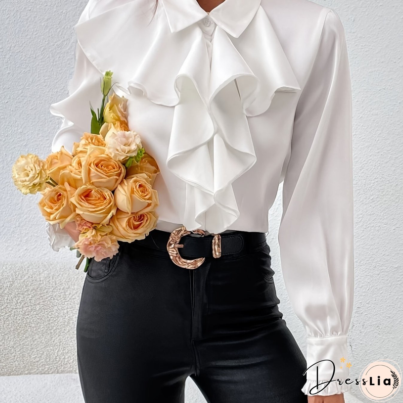 Ruffle Trim Solid Blouse, Elegant Long Sleeve Work Blouse, Women's Clothing