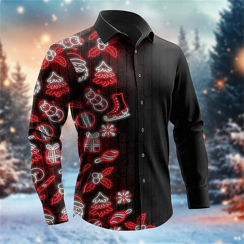 2025 Christmas Casual Men's Gift Printed Shirt Daily Wear Fall/Winter Out Lapel Long Sleeve Four Way Stretch Fabric Shirt