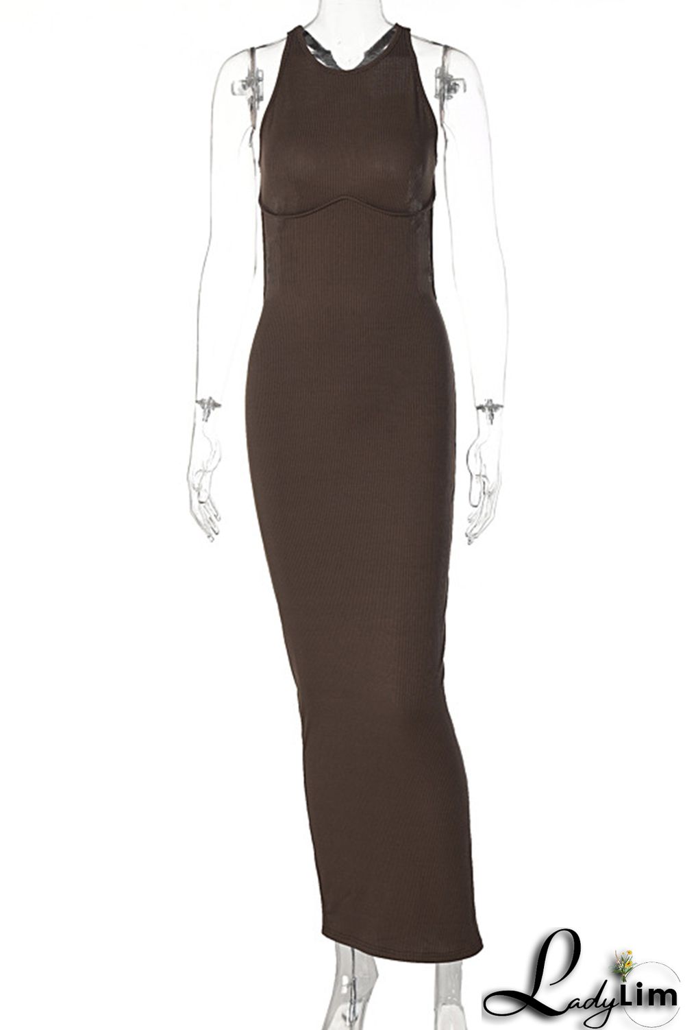 Coffee Fashion Sexy Solid Backless O Neck Sleeveless Dress Dresses