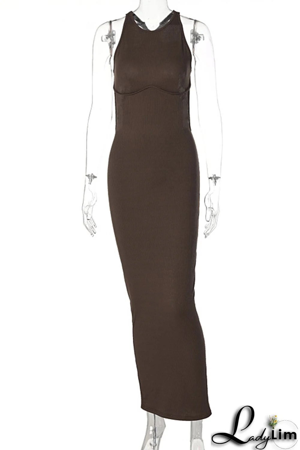 Coffee Fashion Sexy Solid Backless O Neck Sleeveless Dress Dresses