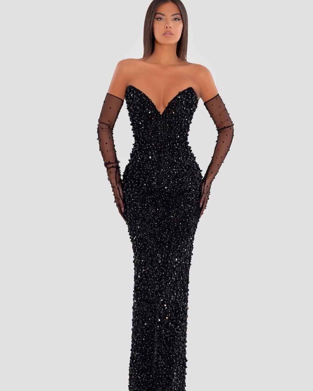 Daisda Black Sequins Sweetheart Mermaid Prom Gown Dress with Gloves