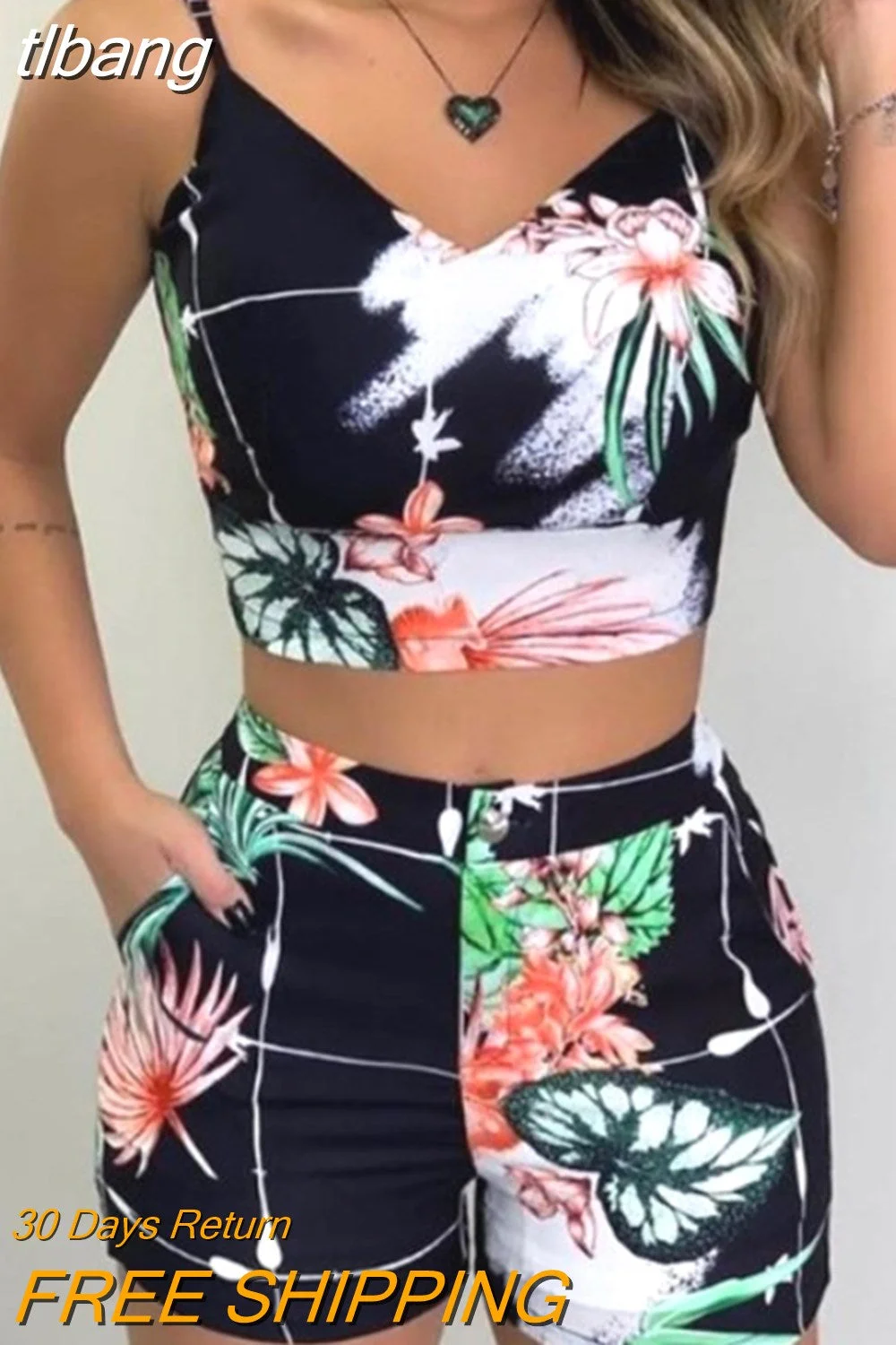 tlbang Print Suit Two-piece Women's Tropical Print Suspender Top and Fashionable Street Casual Shorts Suit Female Summer