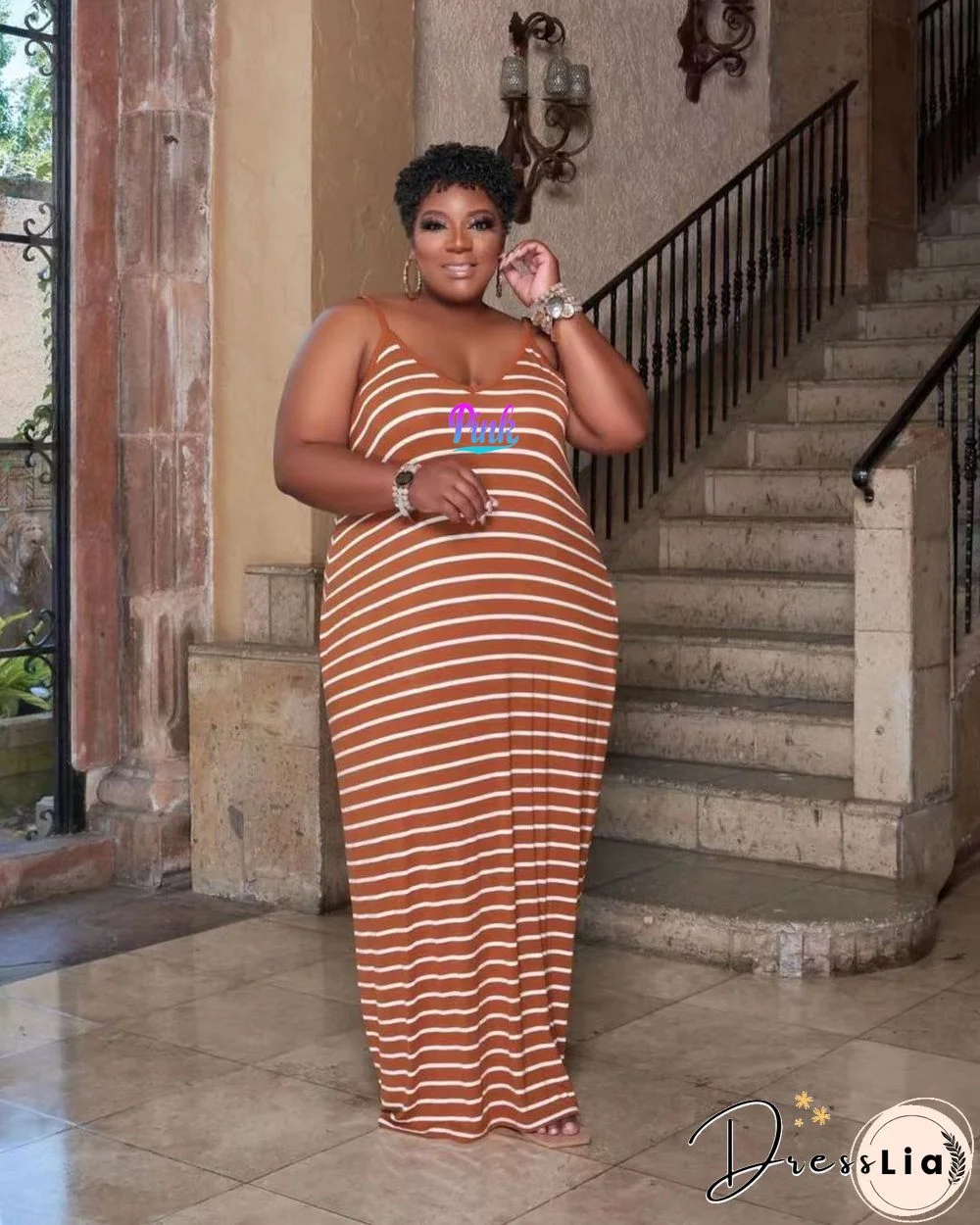 Stripe Print Sleeveless Loose Plus Size Dresses
