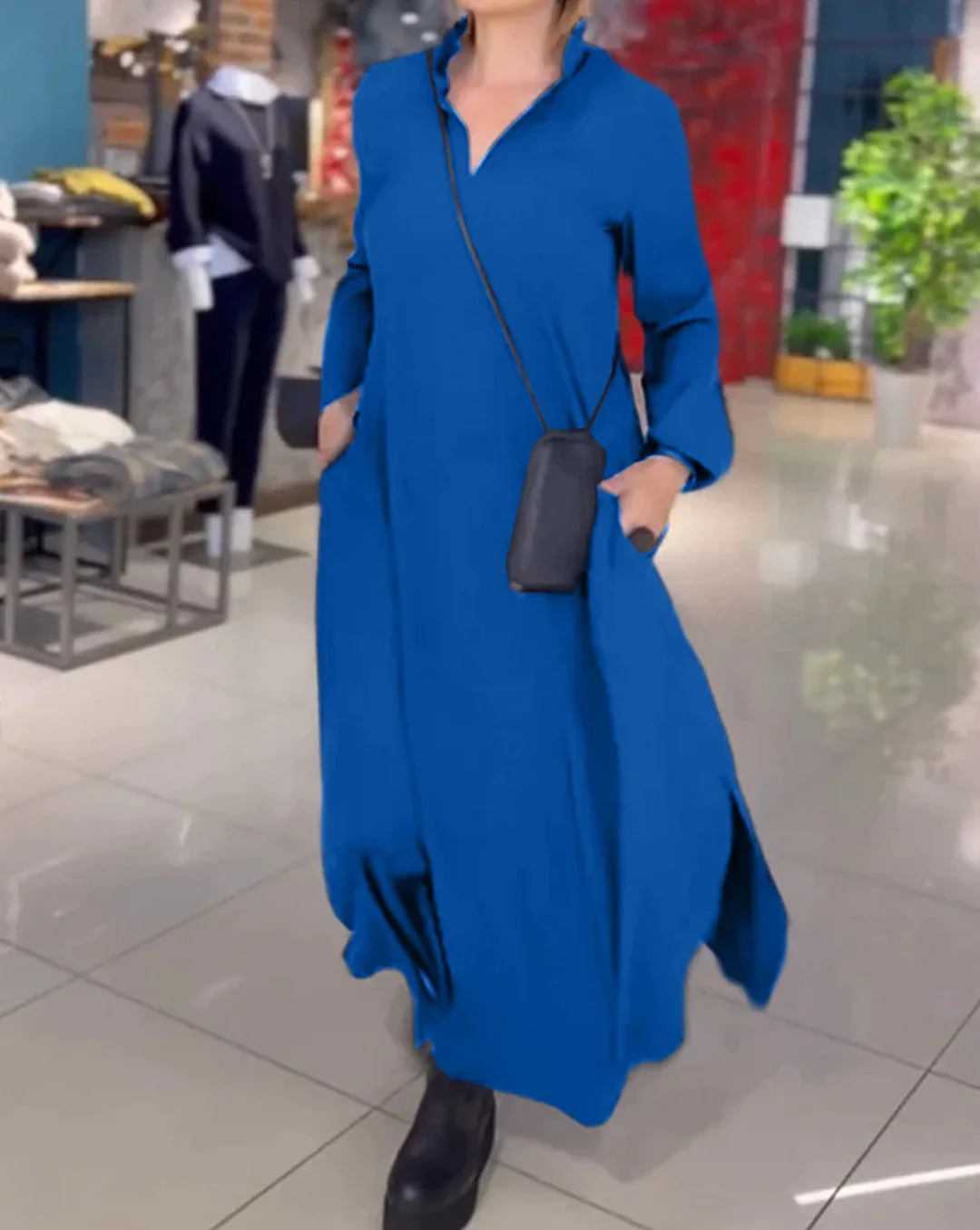 Nigikala Nigikala Summer New Casual Solid Color Loose Thin V Collar Long Sleeve Dress