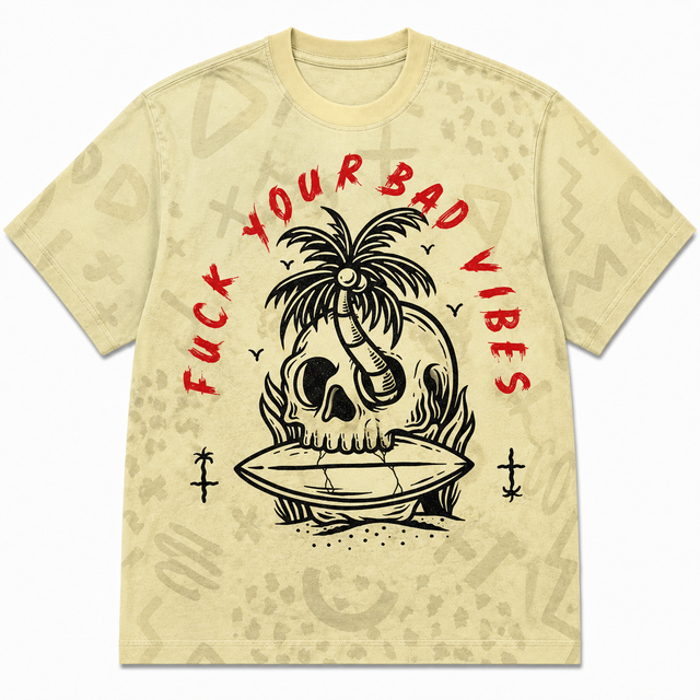 Surf Bad Vibes Cotton T-Shirt - Pale Yellow / Red