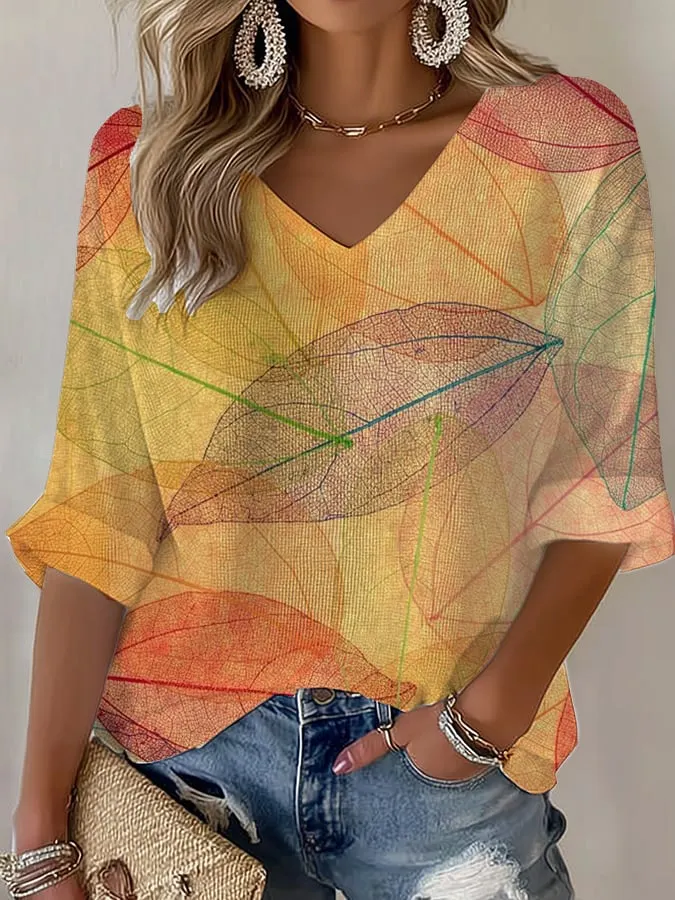Women's Fall Leaf Print Waffle T-Shirt 