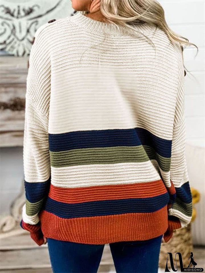 MidiSono - Womens Contrast Color Stripe Round Neck Loose Fashion Warm Sweaters