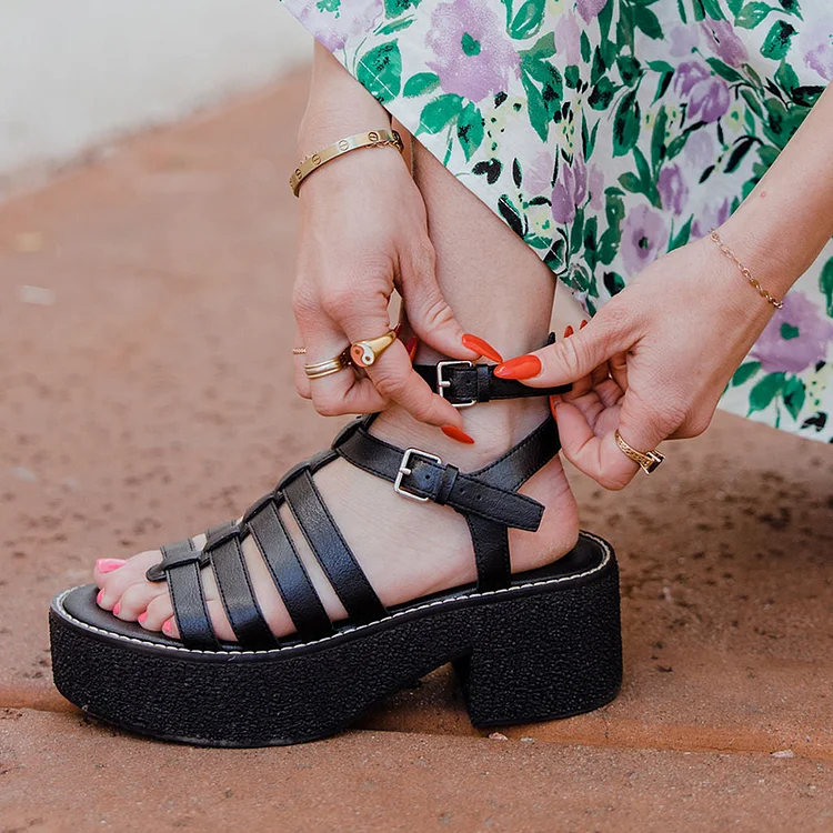 Vintage Black Open-Toe Chunky Heel Platform Gladiator Sandals |FSJ Shoes