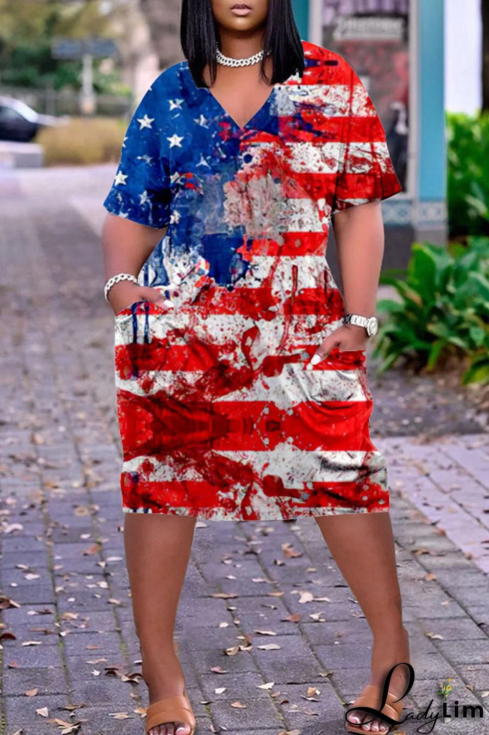 Deep Blue Casual Print Patchwork V Neck Dresses