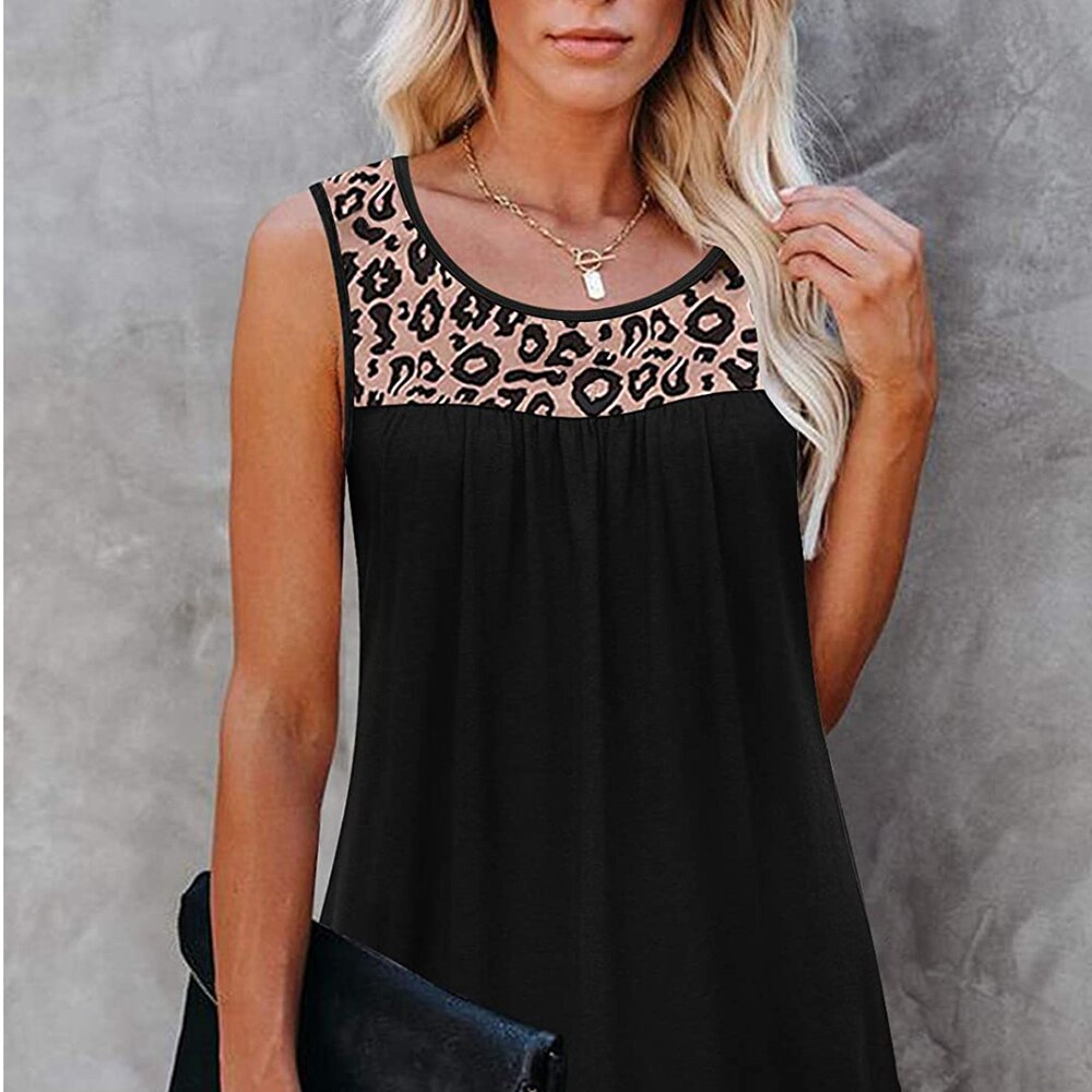 Leopard Print Loose Round Neck Sleeveless T-Shirt Women's Summer Breathable A-shaped Casual Outdoor Ladies Tops 2021 new