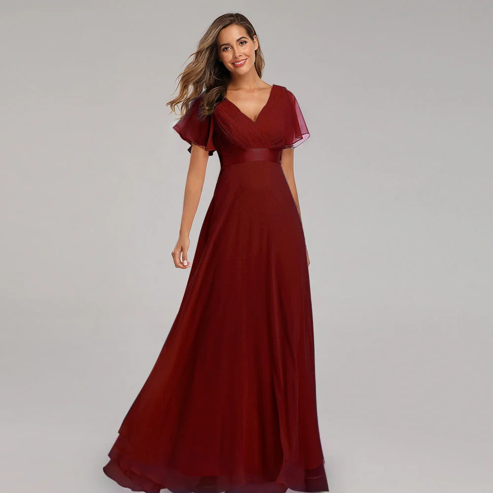 Brownm Folding Large Swing Double V-neck Flared Sleeves Elastic Dresses