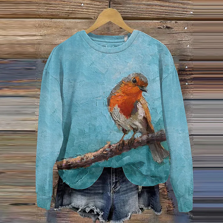 Wearshes Vintage Bird Draw Art Printed Casual Sweatshirt