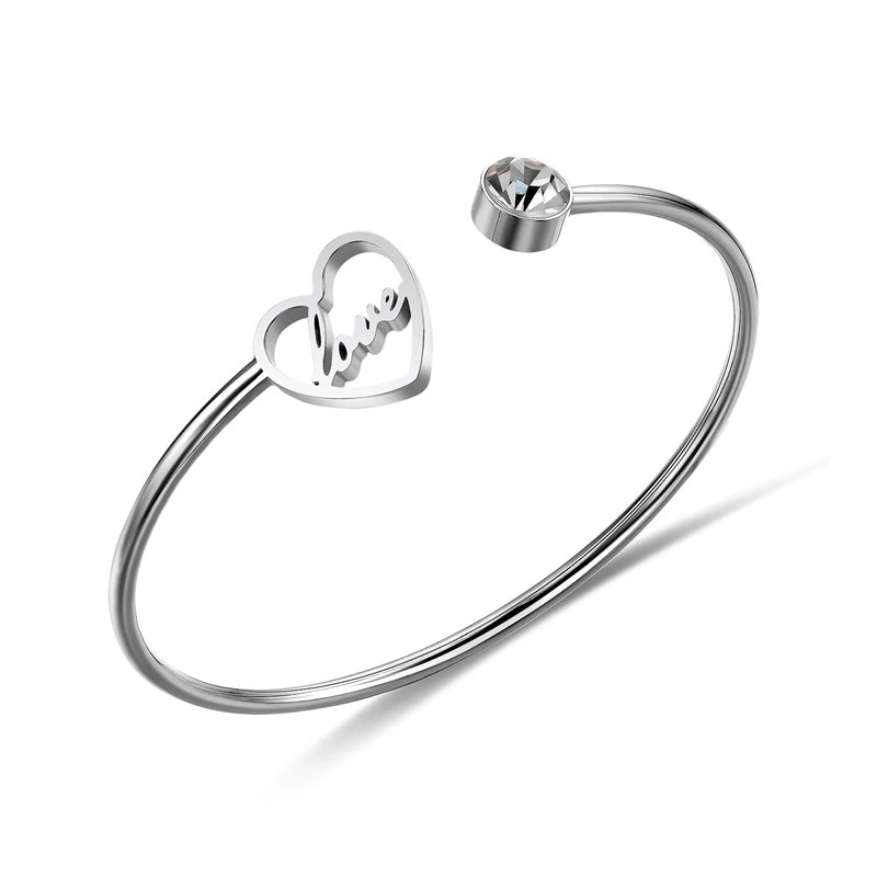 Casual Minimalist Classic Style Love Heart Shape Stainless Steel Titanium Steel Zircon Cuff Bracelets In Bulk