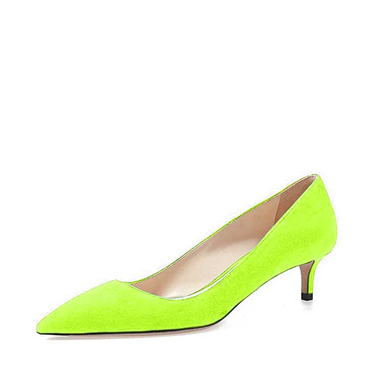 Neon Green Kitten Heels Pointed Toe Vegan Suede Pumps for Women |FSJ Shoes