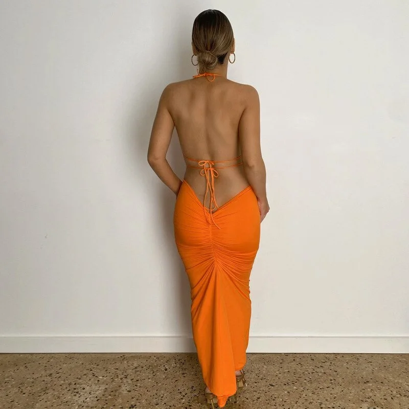 Women Dress Set Halter Crop Top And Split Midi Skirt Tie Up Summer Dress 2 Pieces One Suit Club Party Backless Outfit