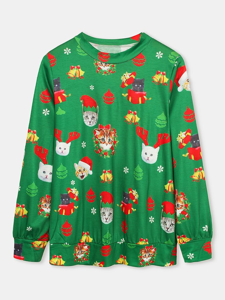 Christmas Cat Print O neck Long Sleeve Casual T shirt for Women P1792903