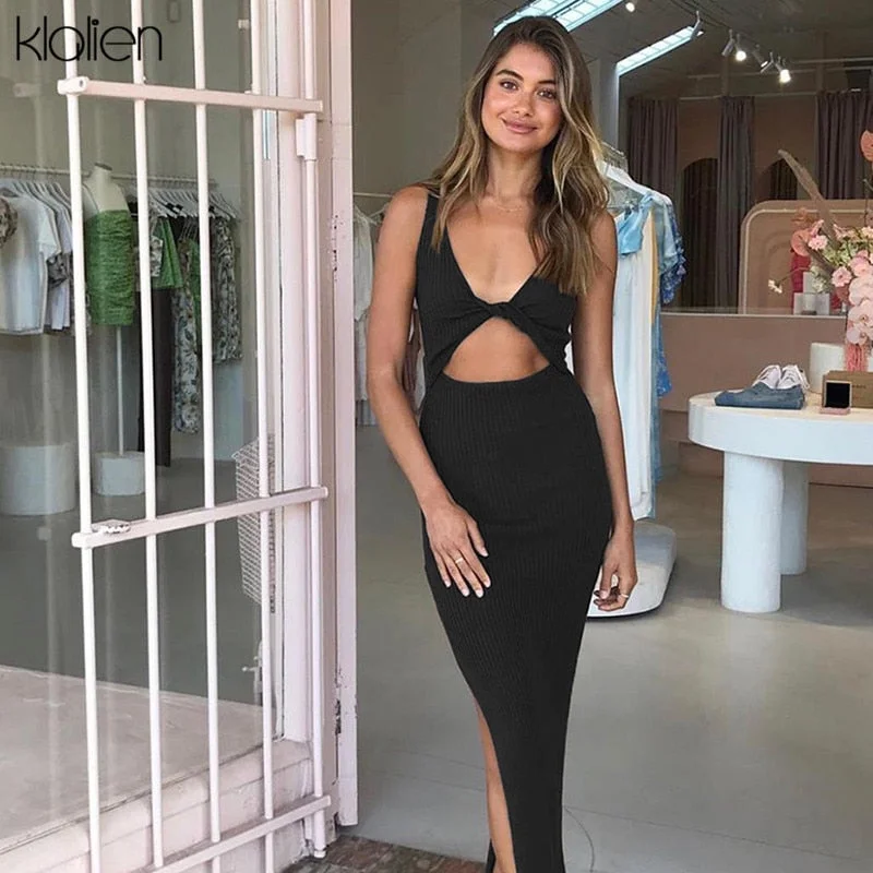 KLALIEN Spring Summer Sexy Backless Fashion Simple Black Rib Knitting Maxi Dress Office Lady Streetwear Casual Women's Clothes