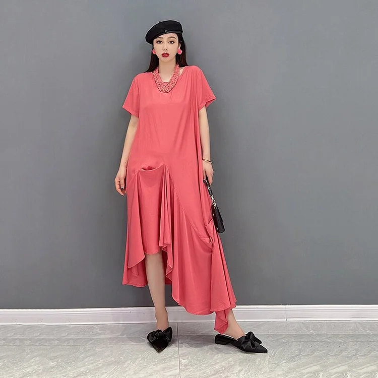 Elegant Solid Color O-neck Short Sleeve Irregular Dress 