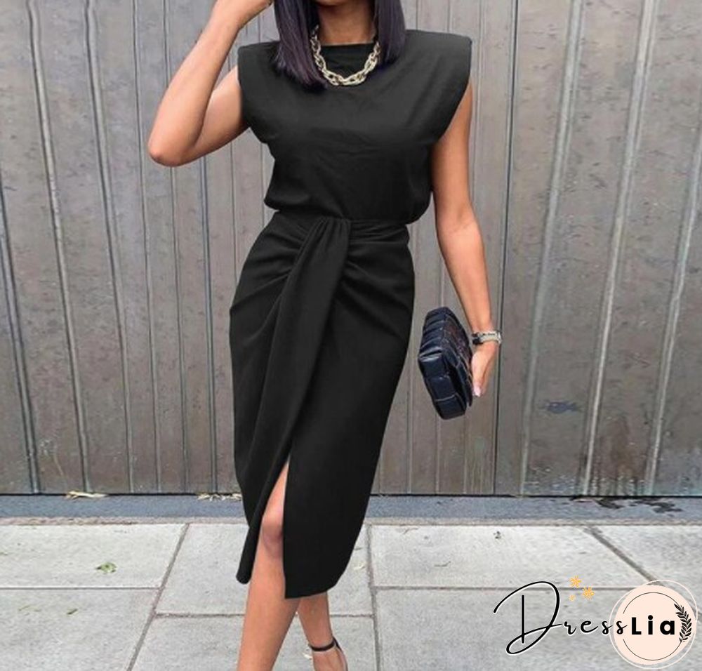 Women's Black Wide Shoulder Twisted High Slit Suit Dress