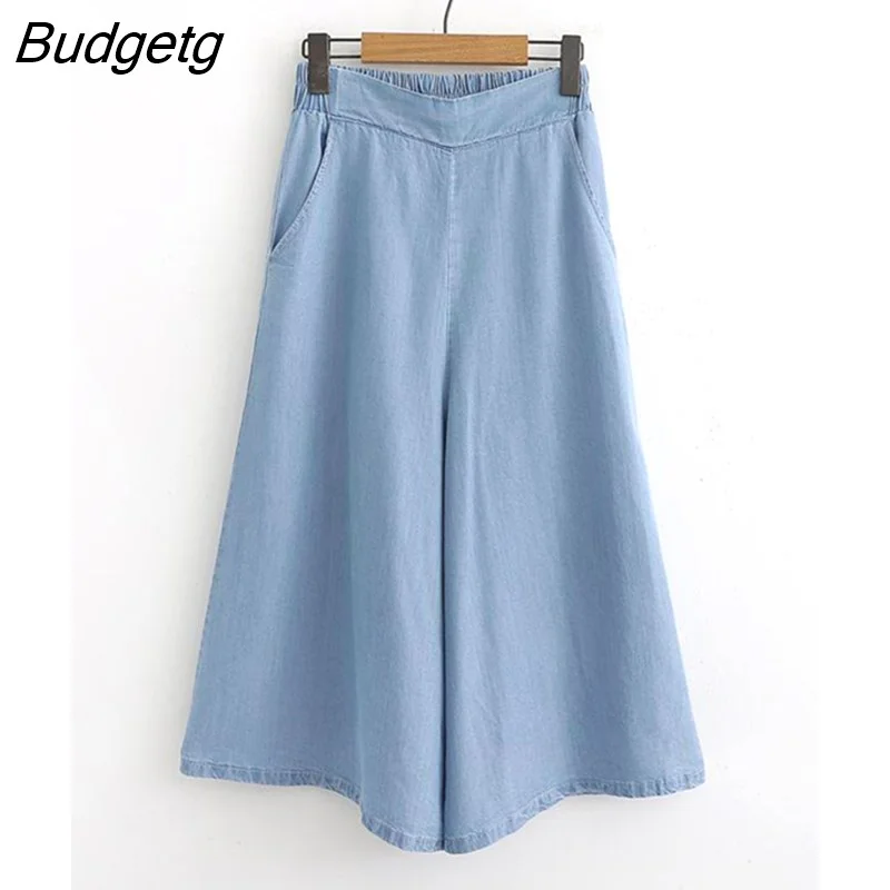 Budgetg Women's Culottes Ice Silk Loose Wide Leg of Pants Fashion Elastic Waist Blue Jeans Skirt Solid High Waist Pants 2022 Summer
