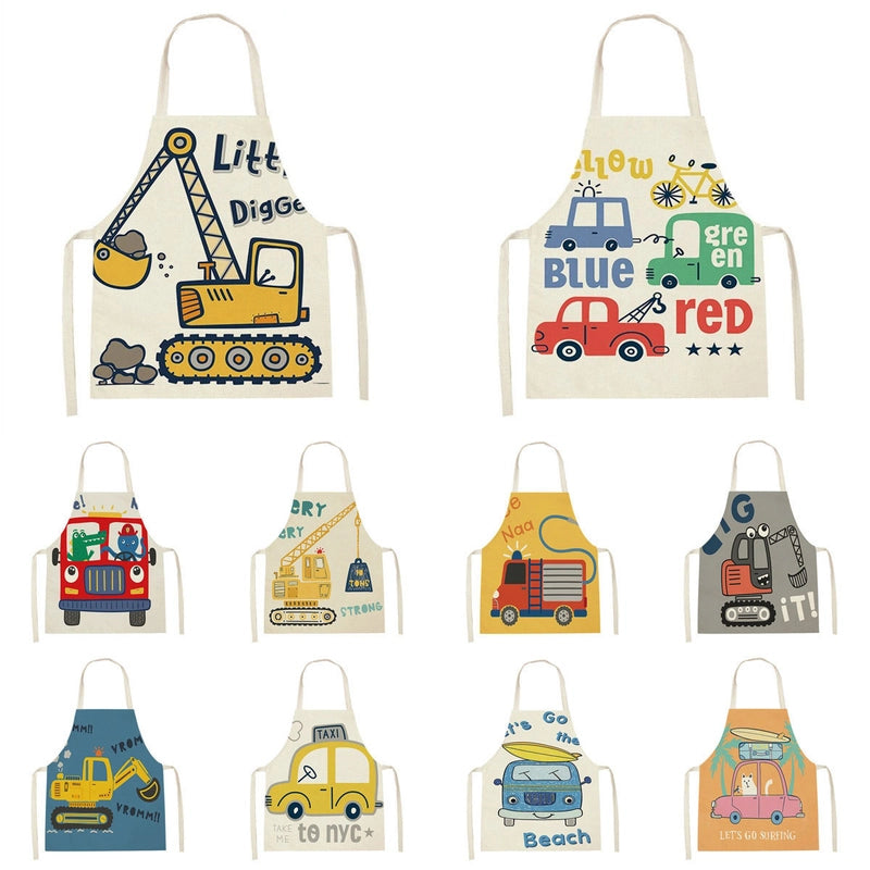Cartoon Excavator New Car Printing Linen Sleeveless Parent-child Apron Home Daily Oil-proof Antifouling