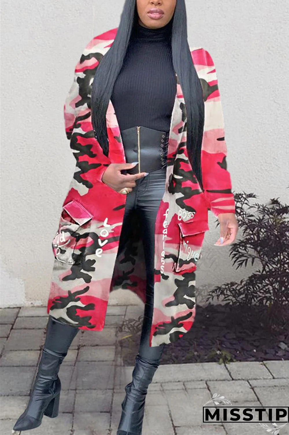 Red Fashion Casual Turndown Collar Long Sleeve Regular Sleeve Letter Print Camouflage Print Coats